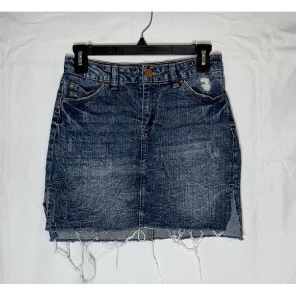 Almost Famous Dresses & Skirts - Almost Famous High Rise Denim Mini Skirt Distressed Frayed Hem Side Slits Size 7